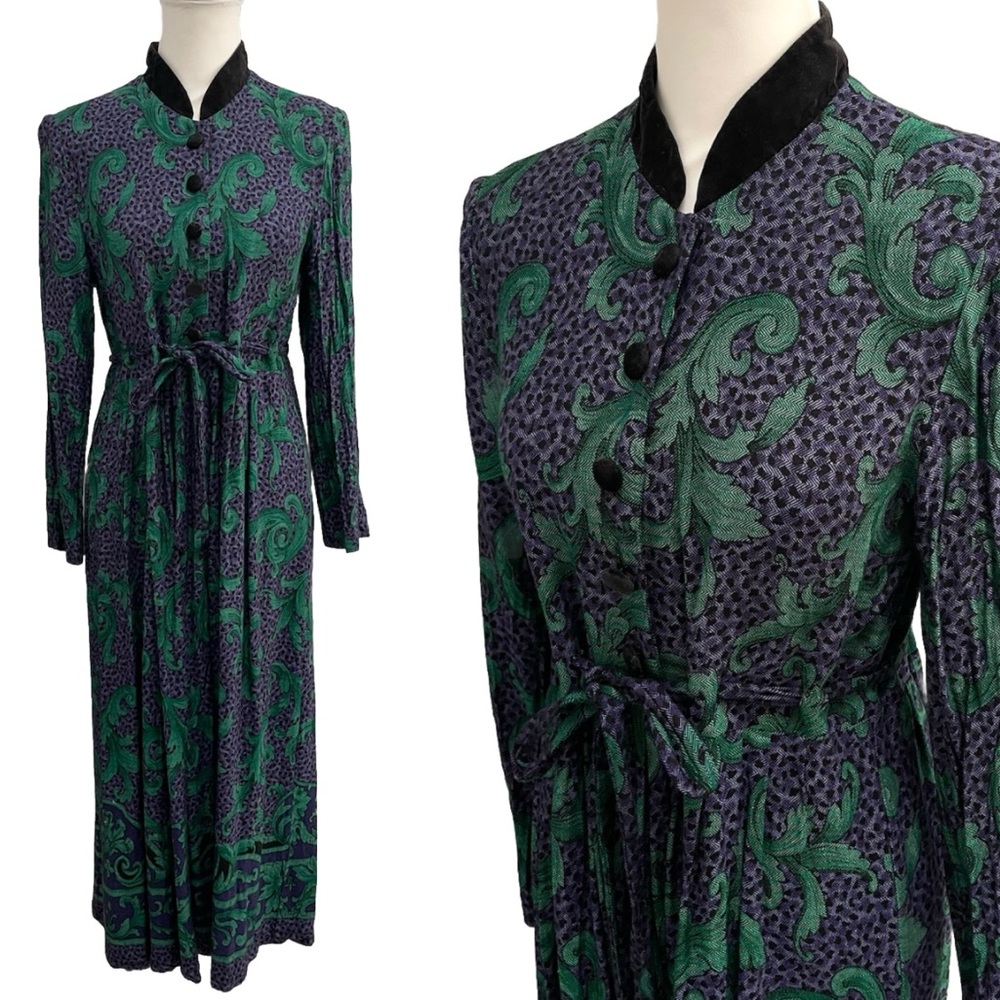 Vintage JESSICA HOWARD Herringbone Victorian Dress with Black Velvet Details